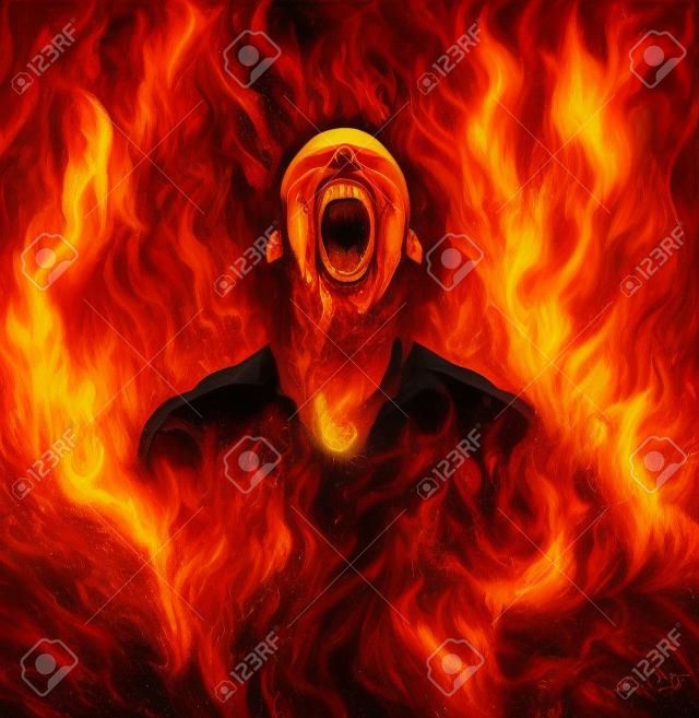 Festett illusztráció egy sikoltozó ember lángokban
