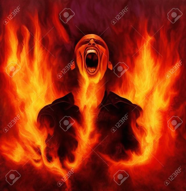 Ilustración de un hombre en llamas gritos de pintado