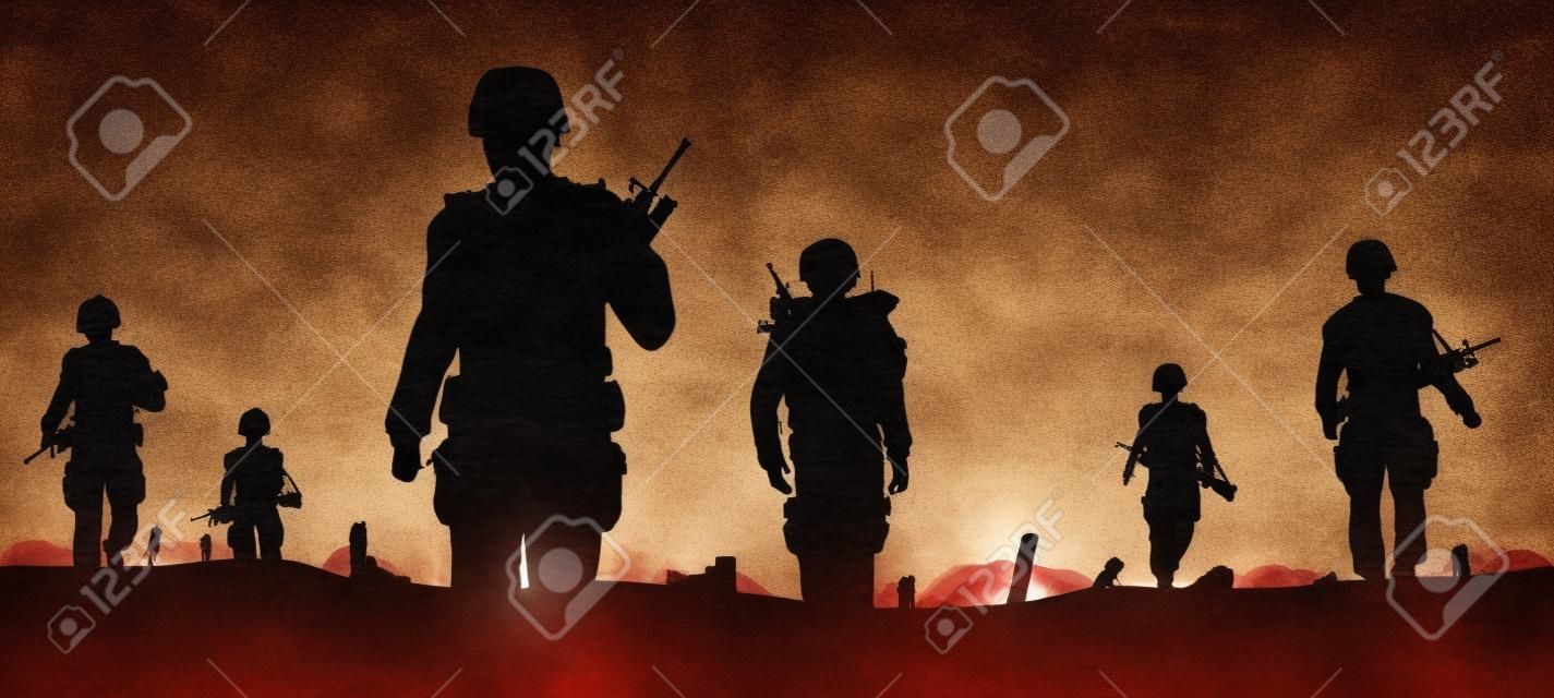Editable foreground of silhouettes of walking soldiers on patrol with figures as separate elements