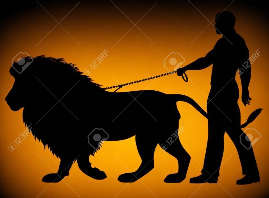 Editable vector silhouette of a man walking a lion on a leash