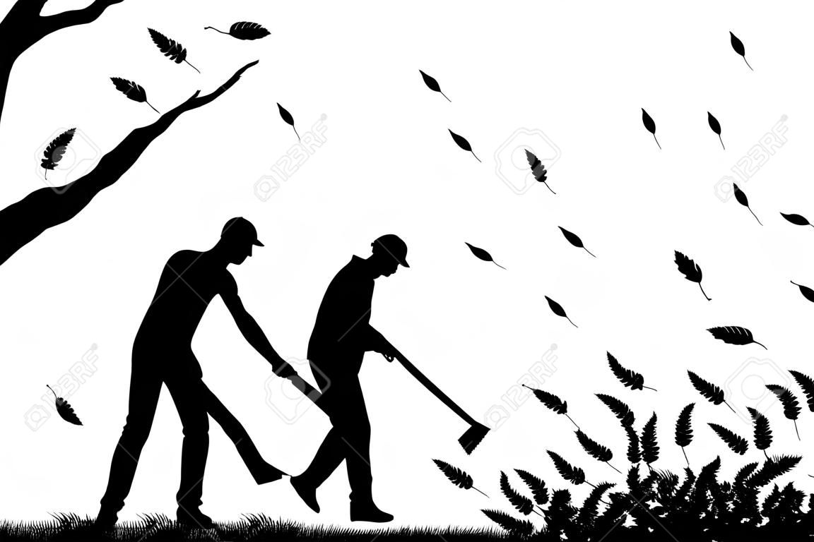 Editable vector silhouette of a man using a leaf-blower to clear leaves with all elements as separate objects
