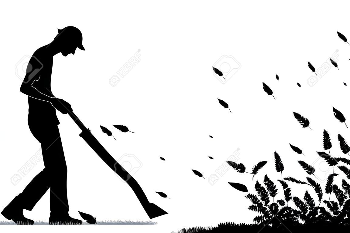 Editable vector silhouette of a man using a leaf-blower to clear leaves with all elements as separate objects