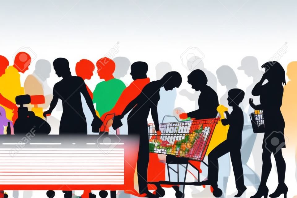 colorida ilustración de la gente en las colas de cajas en un supermercado ocupado