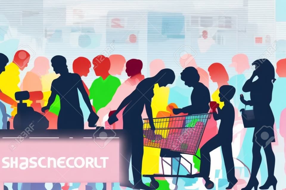 ilustração colorida de pessoas em filas de checkout em um supermercado ocupado