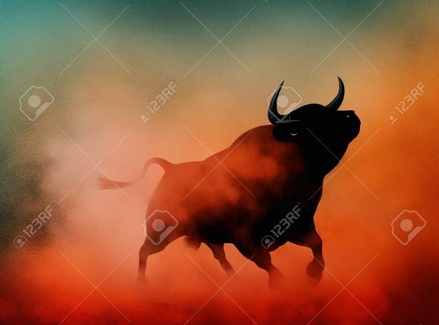 一個憤怒的公牛的剪影在煙霧或灰塵的氣氛插圖