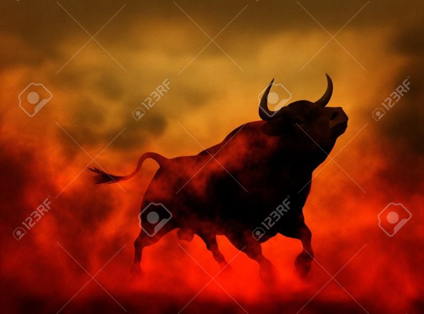 煙やほこりの多い雰囲気の中で、怒っている雄牛のシルエットの図