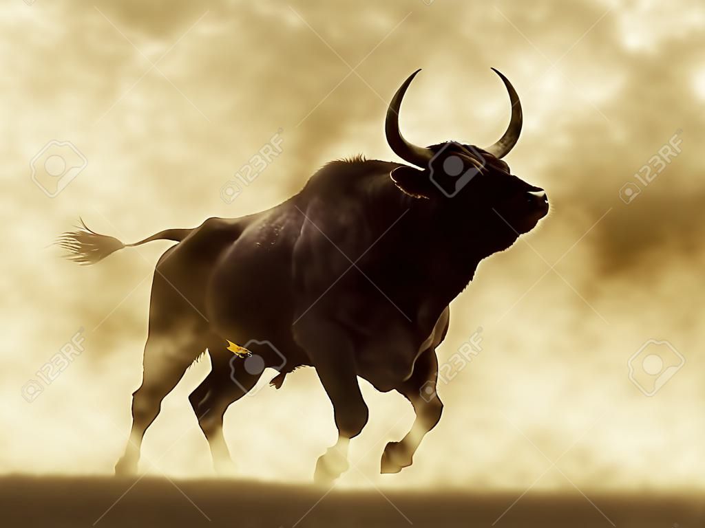 Ilustración de una silueta de toro bravo en un ambiente de humo o polvo