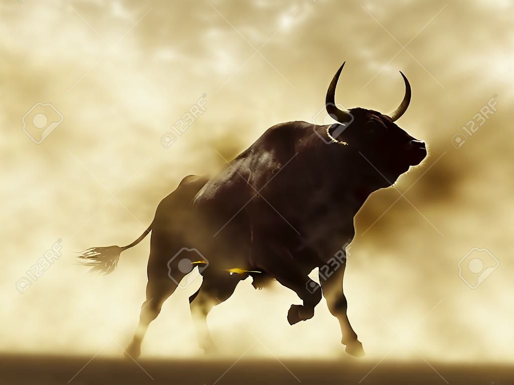 一個憤怒的公牛的剪影在煙霧或灰塵的氣氛插圖