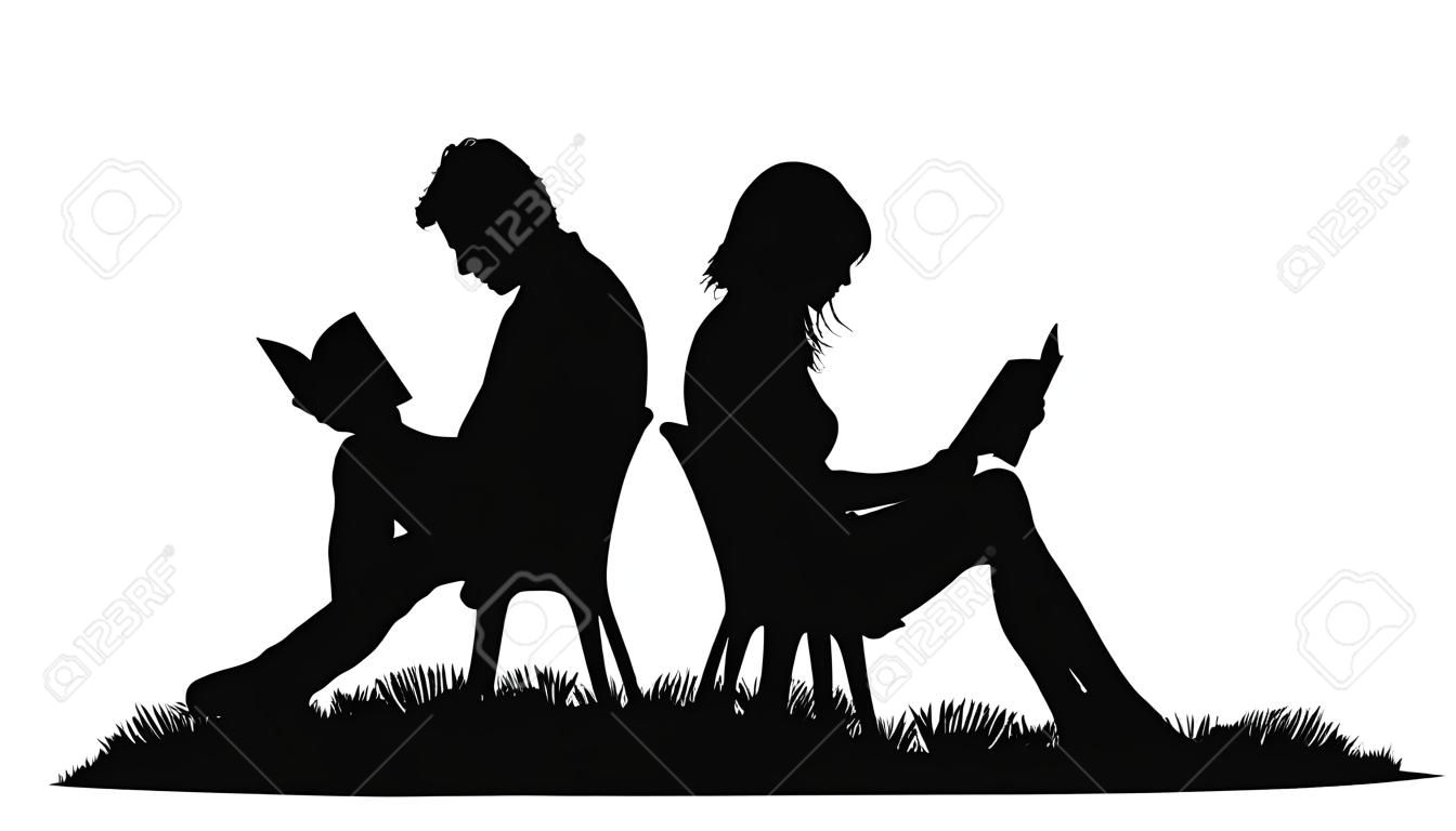 Vettoriale modificabile silhouette di una coppia seduta al di fuori di lettura con figure come oggetti separati