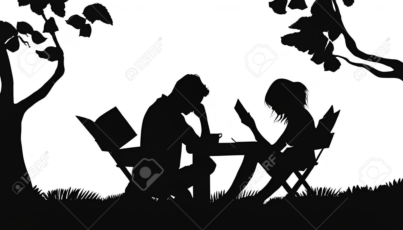Silueta vectorial editable de una pareja sentada afuera leyendo con figuras como objetos separados