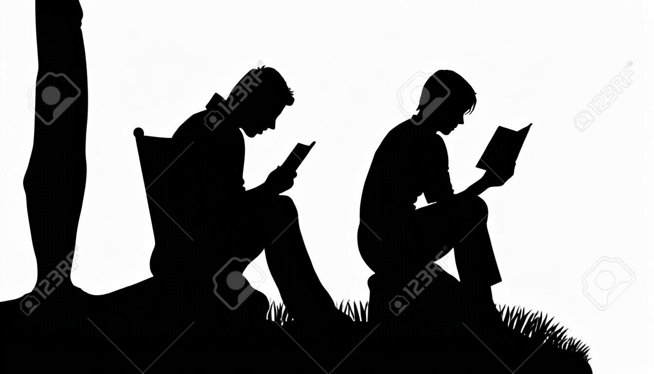Silueta vectorial editable de una pareja sentada afuera leyendo con figuras como objetos separados