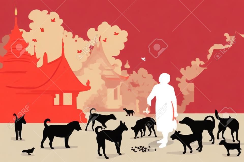 Illustrazione vettoriale modificabile di una donna di alimentazione cani randagi in un tempio buddista in cui molti animali domestici abbandonati finiscono