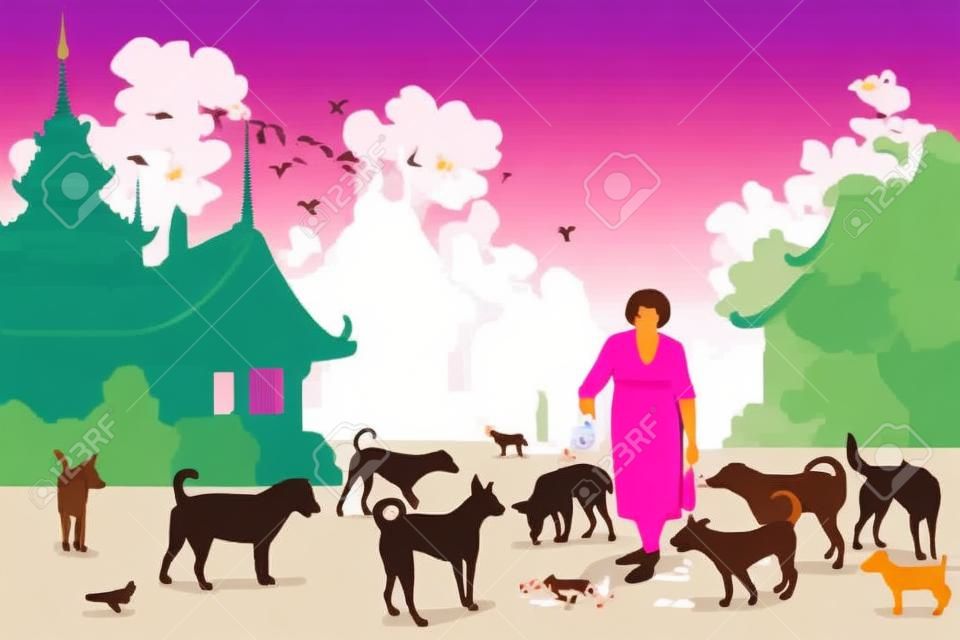 Illustrazione vettoriale modificabile di una donna di alimentazione cani randagi in un tempio buddista in cui molti animali domestici abbandonati finiscono