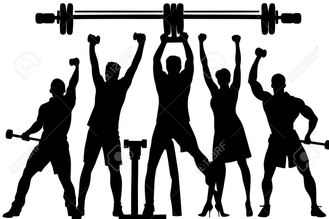 EPS8 editable vector silhouette of a business team working together to lift a heavy weight barbell with all figures as separate objects