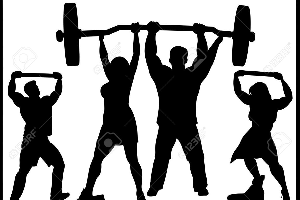 EPS8 editable vector silhouette of a business team working together to lift a heavy weight barbell with all figures as separate objects