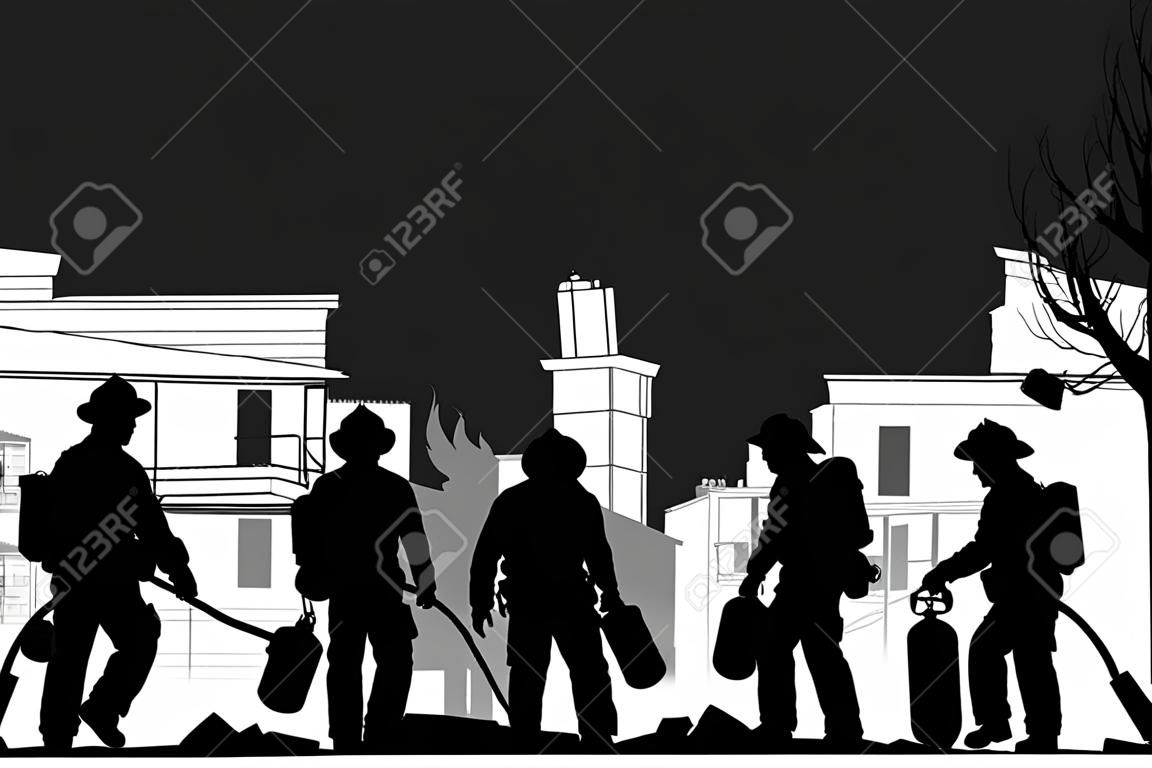 Ilustracji wektorowych strażaków silhouettes uratowanie ludzi z katastrofy pożaru