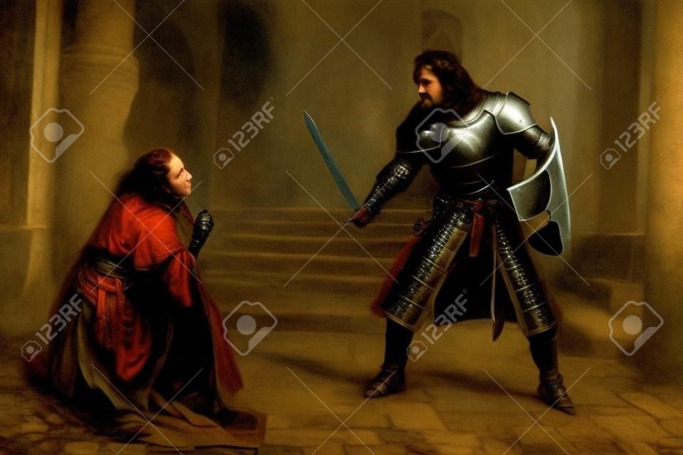 Cavaleiro Agressivo ameaça mulher com sua espada