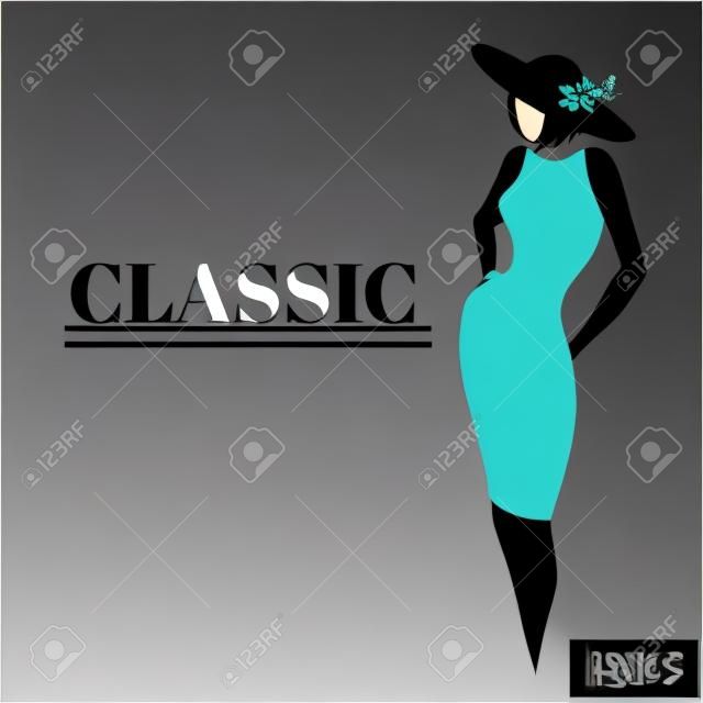 Векторные изображения. Изящный женский силуэт в классическом черном платье и шляпе. Женщина в черном платье
