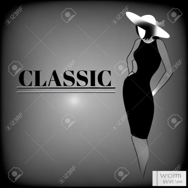 Векторные изображения. Изящный женский силуэт в классическом черном платье и шляпе. Женщина в черном платье