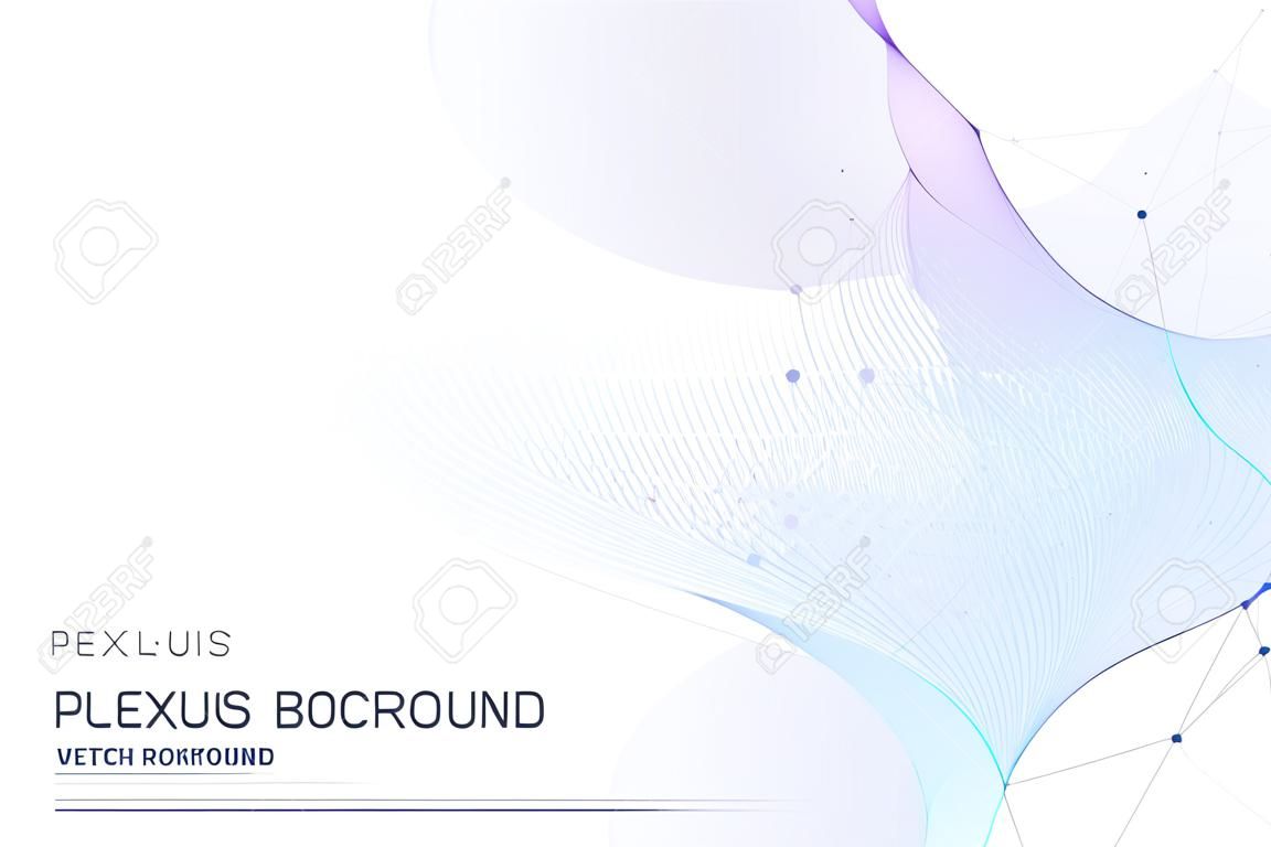 Abstract plexus background with connected lines and dots. Wave flow. Plexus geometric effect Big data with compounds. Lines plexus, minimal array. Digital data visualization. Vector illustration
