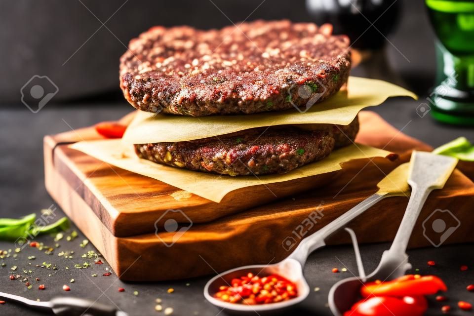 Carne de carne crua Carne de hambúrguer com tempero em tábuas de madeira vintage, fundo preto