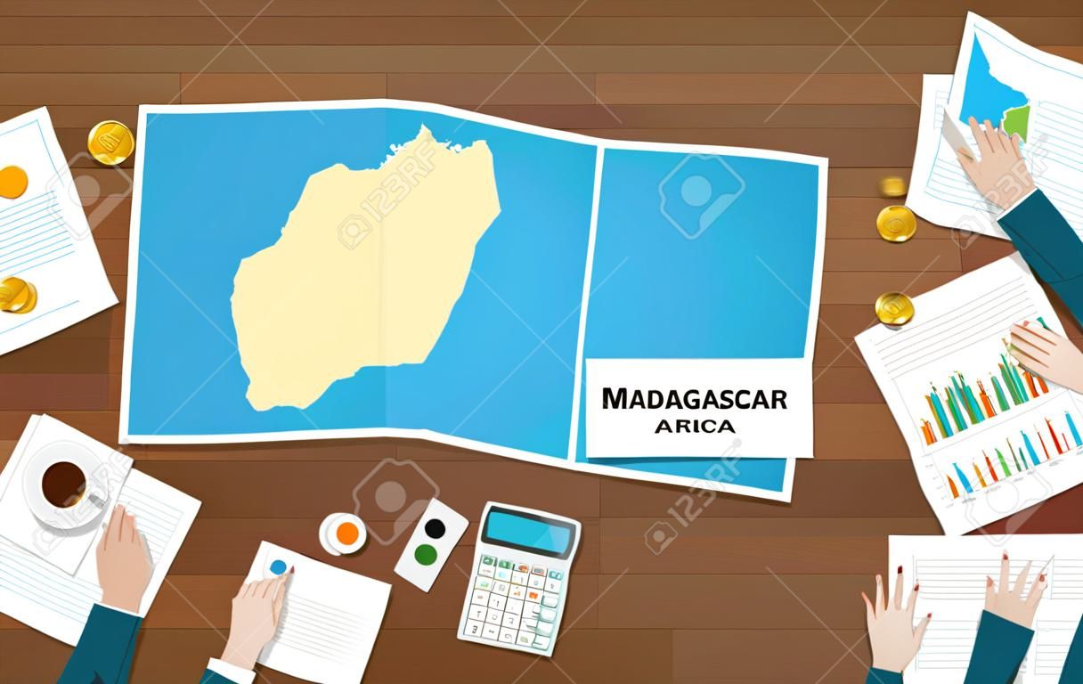 madagaskar afrika wirtschaft land wachstum nation team diskutieren mit faltkartenansicht von der oberen vektorillustration