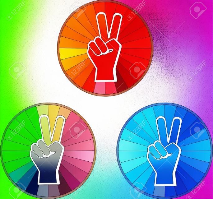 Peace hand teken op drie verschillende gekleurde achtergronden