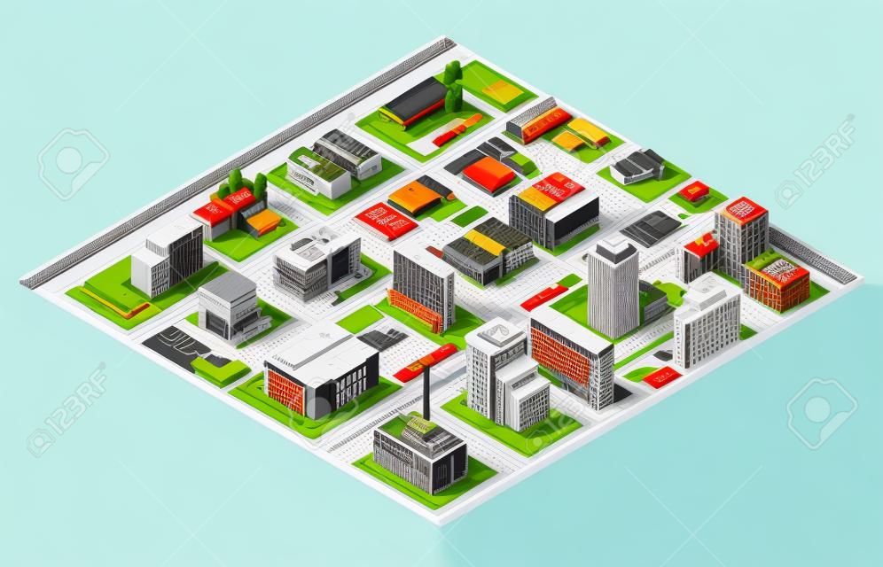 Isométrica ciudad industrial y empresarial de la zona mapa