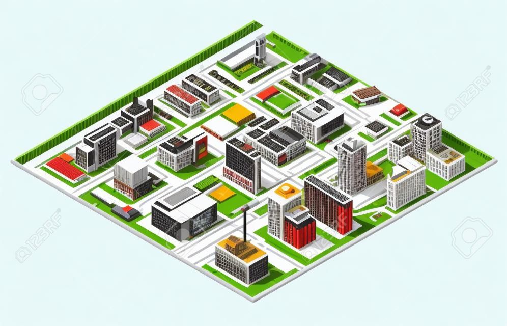Isométrique ville industrielle et commerciale carte de district