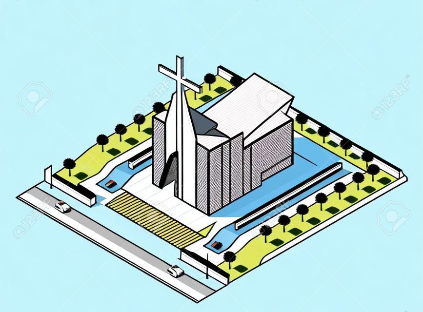 矢量等距现代教堂建筑图标