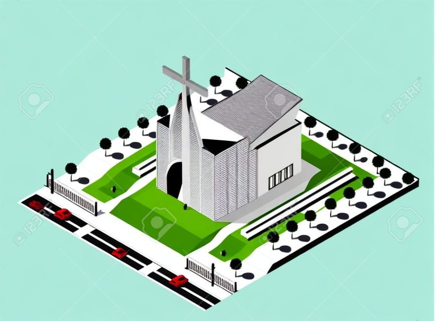 矢量等距现代教堂建筑图标