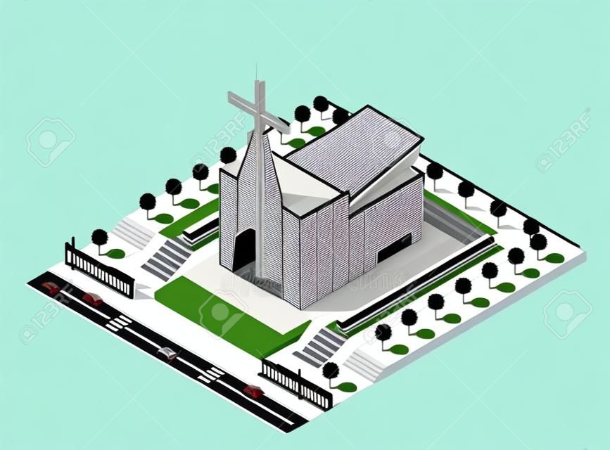 Vector izometrycznym nowoczesny budynek kościoła ikona