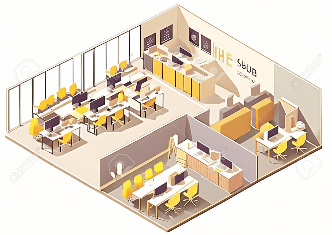 Vektorisometrischer moderner Coworking Space Innenplan mit offenem Raum, Arbeitsplätzen, Konferenzraum, Kopierraum, Präsentationsraum, Kabinen und Küche
