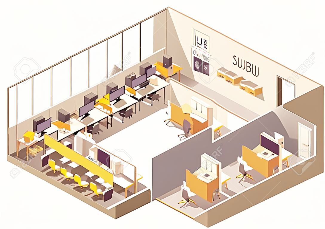 Piano interno dello spazio di coworking moderno isometrico vettoriale con spazio aperto, luoghi di lavoro, sala conferenze, sala fotocopie, sala presentazioni, cubicoli e cucina