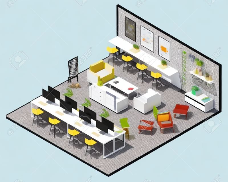 Vector isometric modern coworking open space interior plan with workplaces, desks, computers, printer, workbench, sofa and other furniture