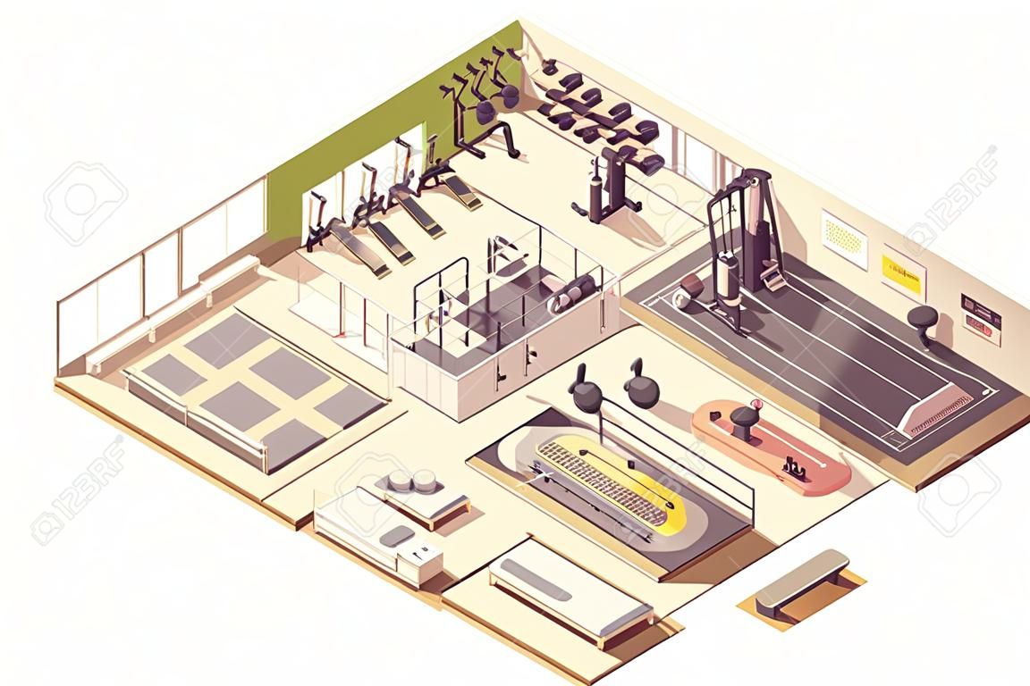 Vektor-isometrischer Fitnessclub oder Fitnessstudio-Innenraum