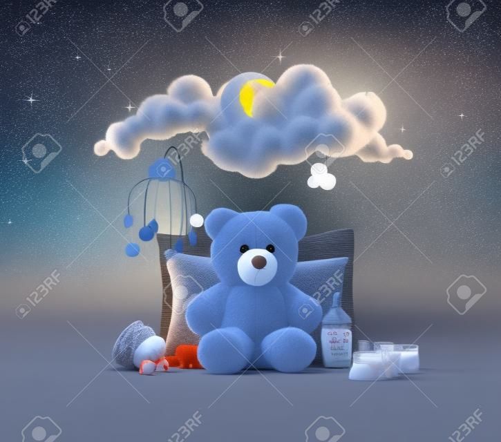 Fluffy baby teddy bear sleeping under the moon and stars. Teddy bear on pillows with toys, mobile, and baby milk bottle. Cloudy sky, shining moon and stars behind. 3d illustration