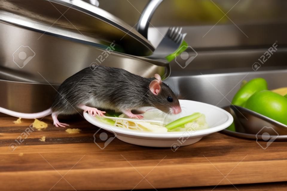 La rata joven de primer plano (Rattus norvegicus) huele las sobras en un plato en el fregadero de la cocina. Pelea con roedores en el apartamento. Exterminio.