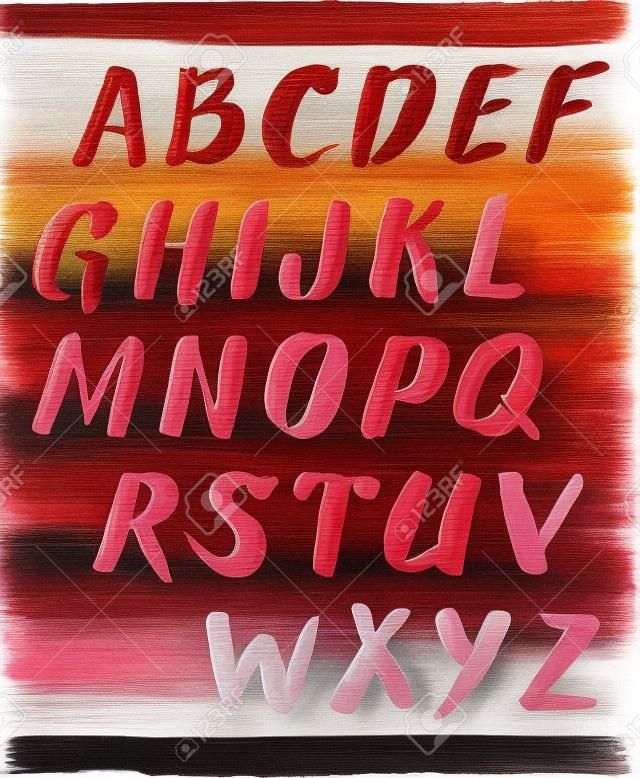 Lipstick en nagellak lettertype. Hand getrokken rode olie schilderij alfabet.
