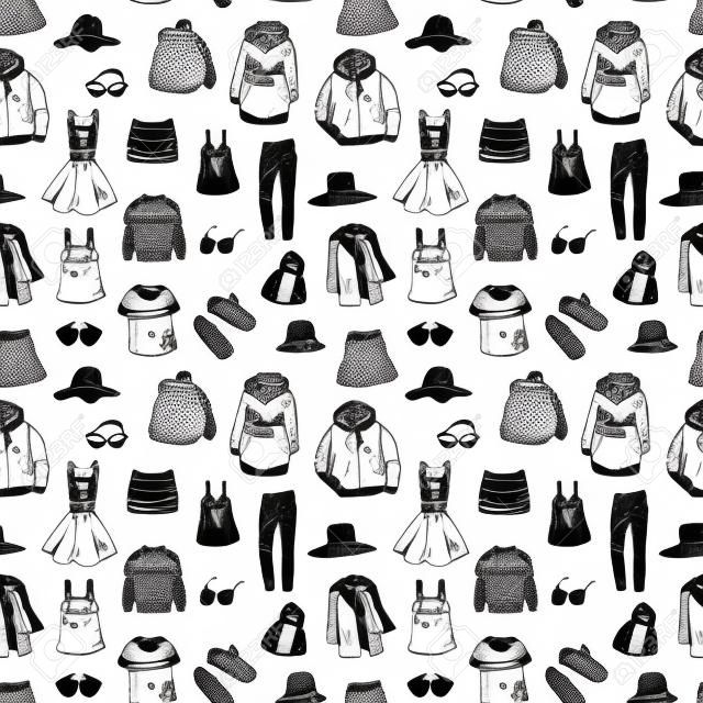 Seamless black and white background with hand drawn fashion clothes.
