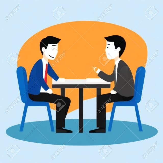 Business meeting. Two businessmen sitting at table and talking. Vector illustration.