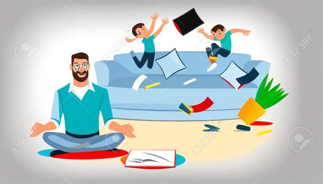 Father in a state of stress with playing children. Home stress concept with cartoon characters isolated white background. Vector illuctration of parent and children at living room.