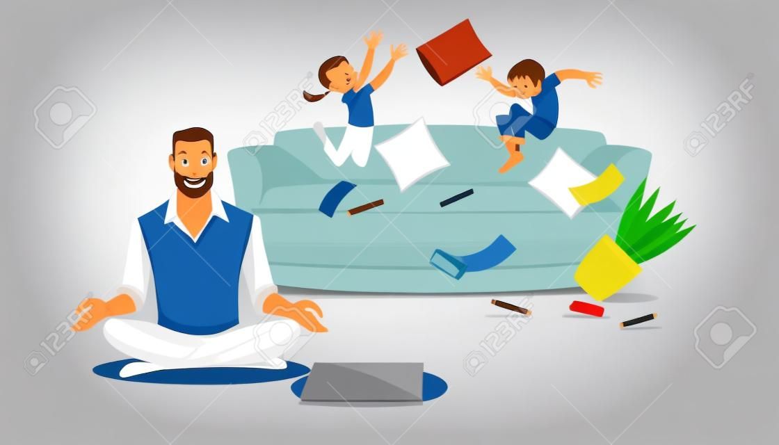 Vader in een toestand van stress met het spelen van kinderen. Thuis stress concept met cartoon karakters geïsoleerde witte achtergrond. Vector illustratie van ouder en kinderen in de woonkamer.