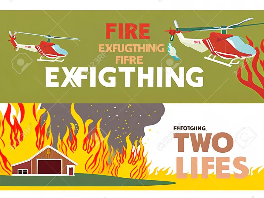 ベクトルイラスト漫画消火。バナー画像の消火コンセプトを設定します。消火活動、2つの消防ヘリコプターは、フィールドに乗って炎を消します。命を救う、炎の家。