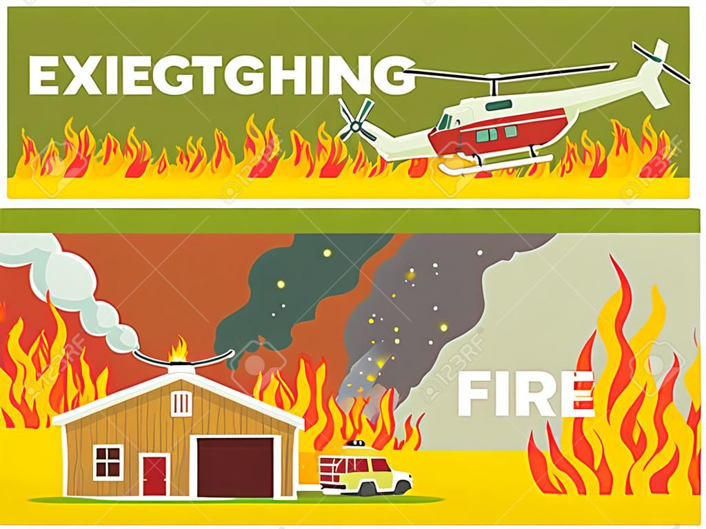 Illustrazione di vettore Estinzione del fumetto. Impostare l'immagine banner Concetti antincendio. Lotta antincendio, due elicotteri antincendio spengono il campo in fiamme. Salvare vite, Casa in fiamme.
