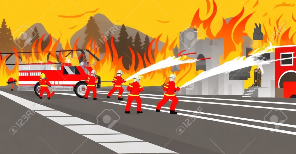 Ilustración vectorial Extinción de incendios de dibujos animados. Concepto Departamento de Seguridad contra Incendios. Grupo de bomberos de hombres extinguir la casa. Casa adosada en llamas. Camión de bomberos como herramientas de extinción de incendios.