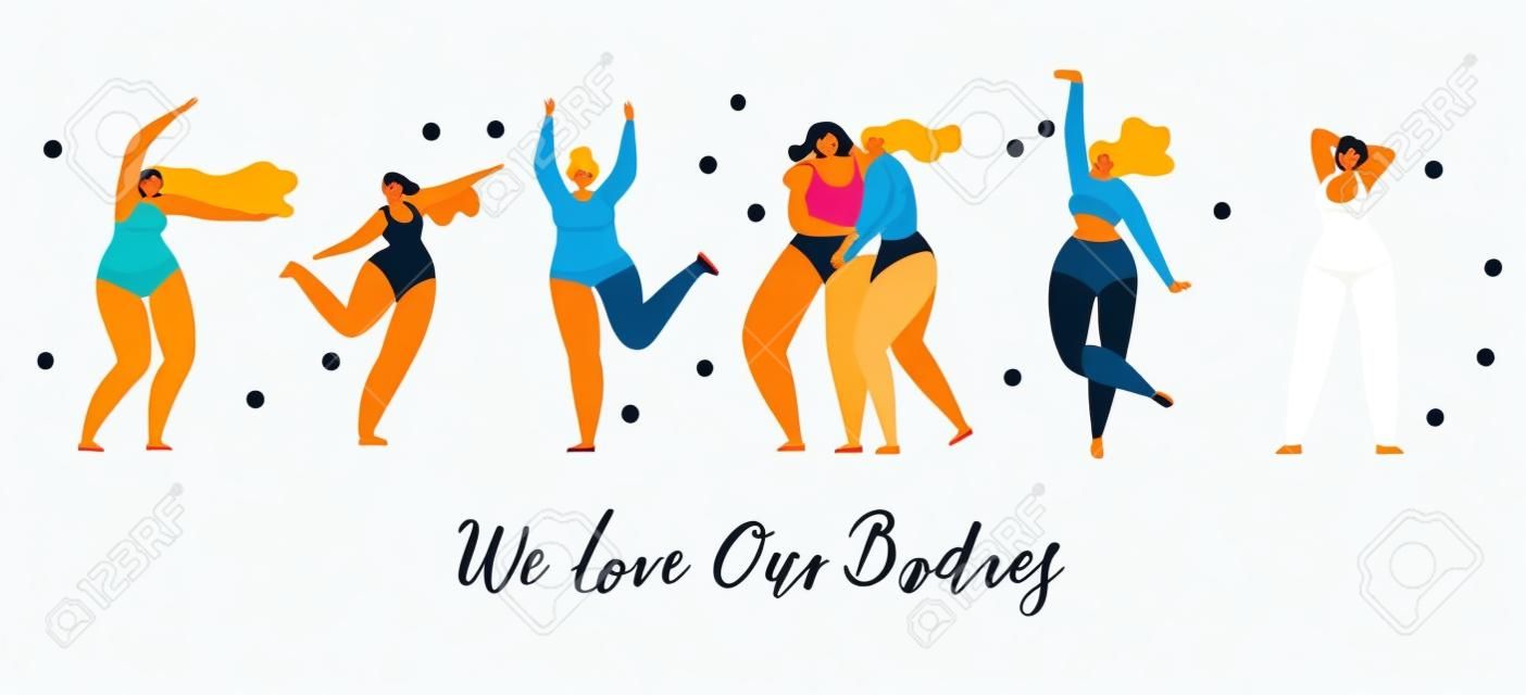 Body Positive Women Flat Vector Concept. Happy Multinational Overweight Women in Swimsuits Hugging and Dancing Together Illustration on White Background. Attractive Ladies Satisfied with Their Bodies