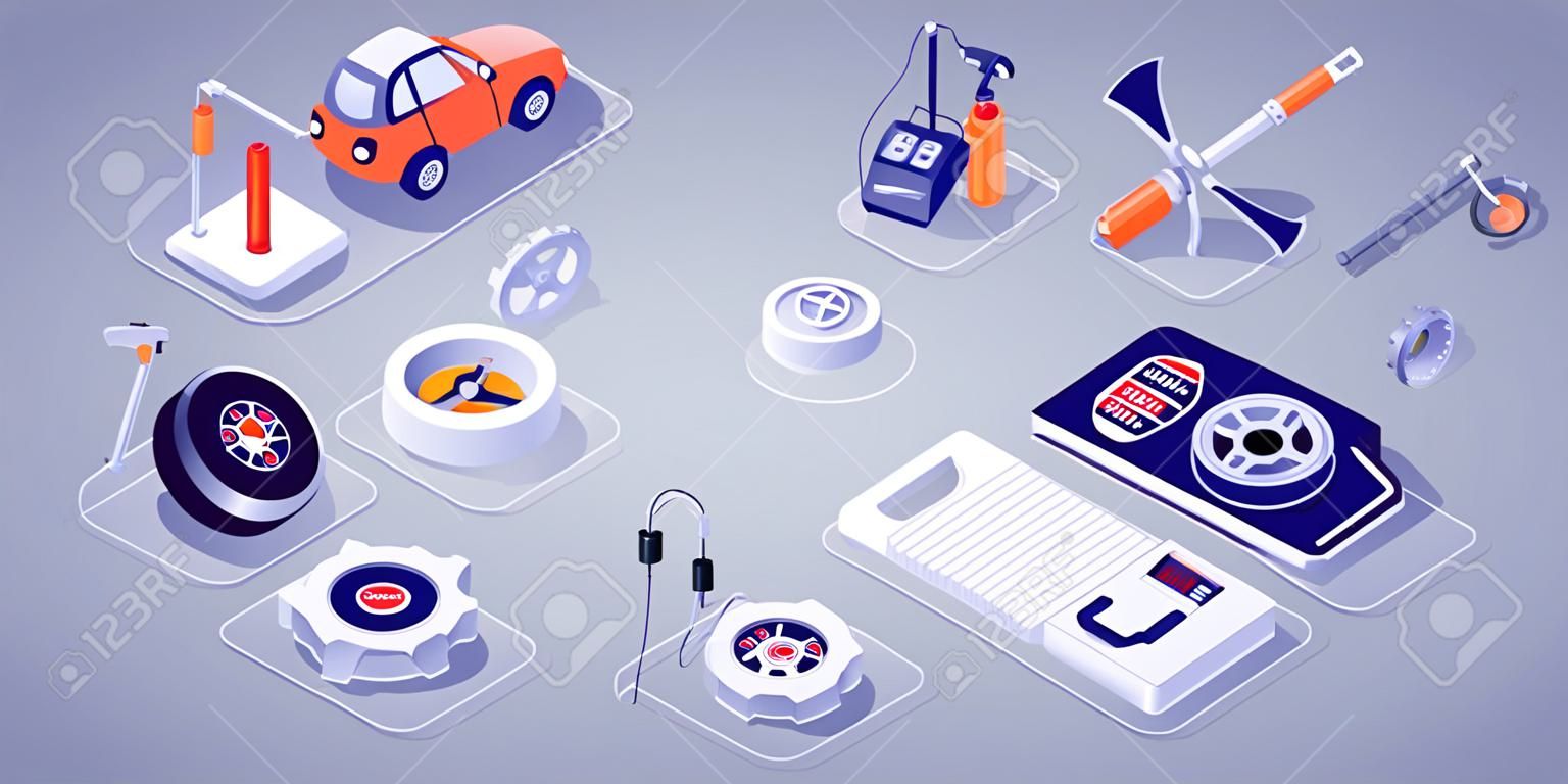 Car Repair Service Concept. Vector Isometric 3d Illustration. Icons Set of Tools, Instrument, Diagnostic Checkup Equipment, Tires, Gear, Steering Wheels, Oil or Gasoline Tank, Schedule Mode Signboard.
