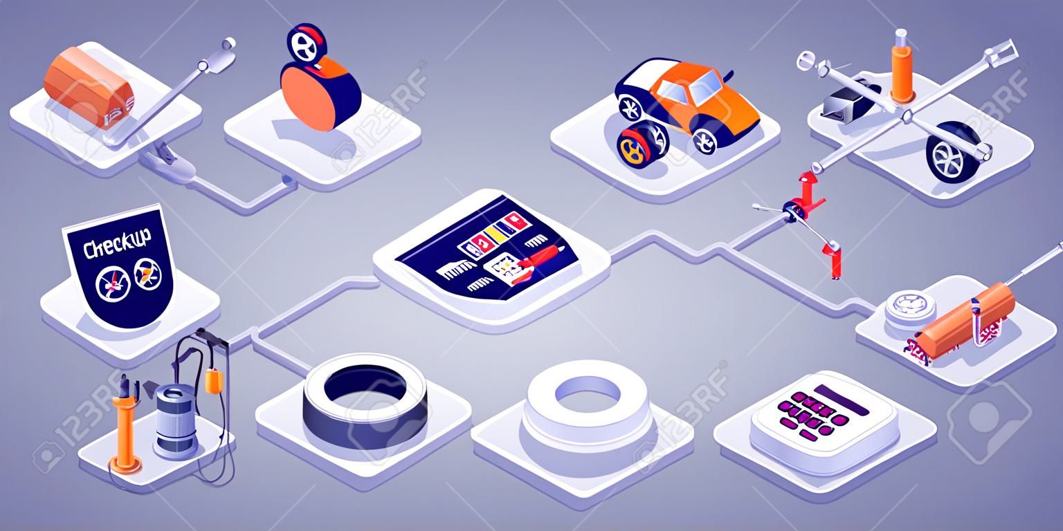 Car Repair Service Concept. Vector Isometric 3d Illustration. Icons Set of Tools, Instrument, Diagnostic Checkup Equipment, Tires, Gear, Steering Wheels, Oil or Gasoline Tank, Schedule Mode Signboard.