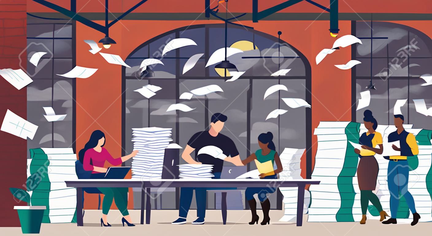 A Lot of Office Paperwork, Bureaucracy Flat Vector Concept with Company Employees Sorting, Analyzing and Organizing Paper Documents, Reading Correspondence, Trying to Finish Work at Time Illustration